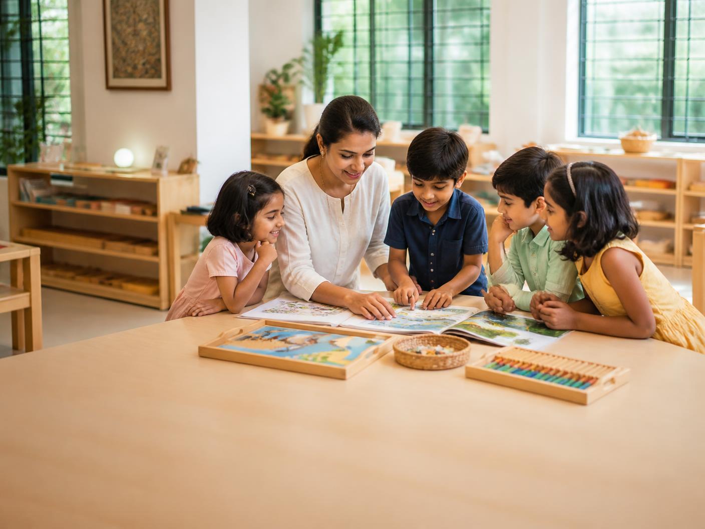 Children exploring books and colourful creative learning resources together